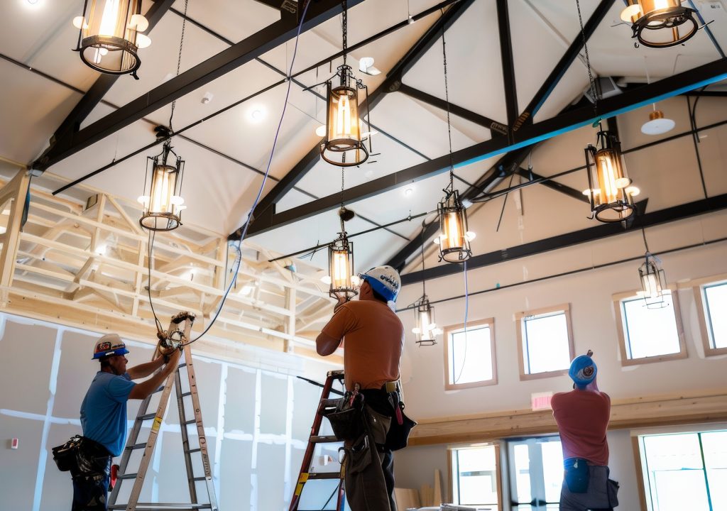 Team of skilled electricians working on installing lighting fixtures inside a modern commercial building with high ceilings.